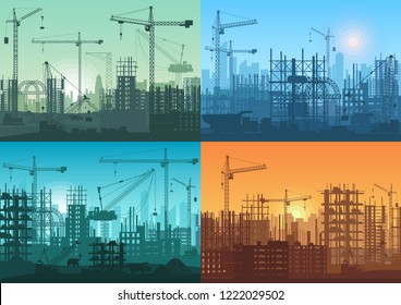 Morning sunrise, sunset and day building constructions background set. Vector Industrial building process under construction.