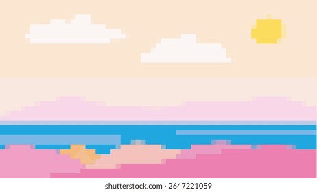 morning sunset pixel art landscape vector illustration background
