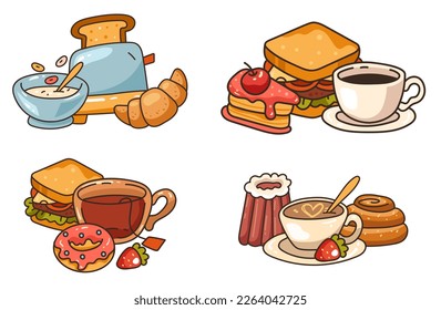 Morning sweet breakfast with coffee tea snack sandwich bakery concept. Vector cartoon graphic design element illustration