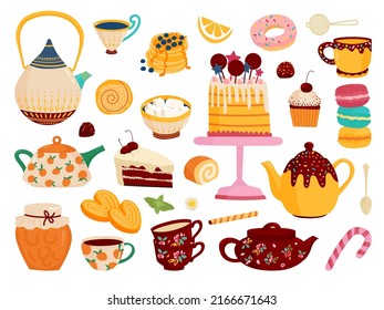 Morning sweets and desserts. Warm pancakes with jam, cake and donuts. Cute kitchen teapot and cups. Isolated sweet teatime classy vector set