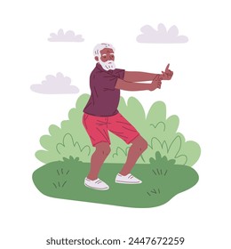 Morning Tai Chi class with an elderly man. Vector illustration of relaxing exercise in nature, promoting health and flexibility of pensioners. Side view.