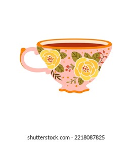 Morning tea cup with yellow rose flowers, scandinavian style cup. Vector kitchen crockery coffee mug, teacup with breakfast hot tea drink, floral print