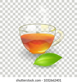 Morning Tea. Design Poster of Cup of Tea. Realistic, vector Illustration on a transparent background. Green Young Tea Leave