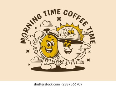 Morning time, coffee time. Mascot character illustration of coffee cup, alarm clock and a sun