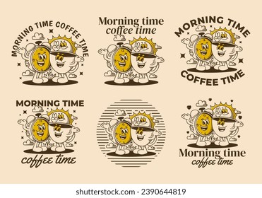 Morning time, coffee time. Mascot character illustration of coffee cup, alarm clock and a sun