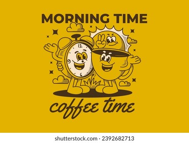 Morning time, coffee time. Mascot character illustration of coffee cup, alarm clock and a sun