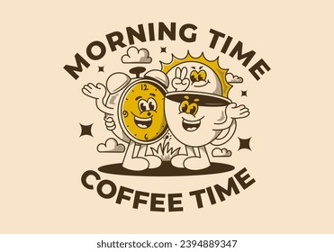 Morning time, coffee time. Mascot character illustration of coffee cup, alarm clock and a sun