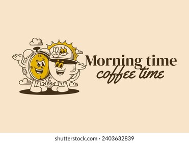 Morning time, coffee time. Mascot character illustration of coffee cup, alarm clock and a sun