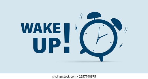 Morning time. Wake up time badge. Alarm clock with banner Wake up. Ringing alarm clock. Isolated vector illustration.