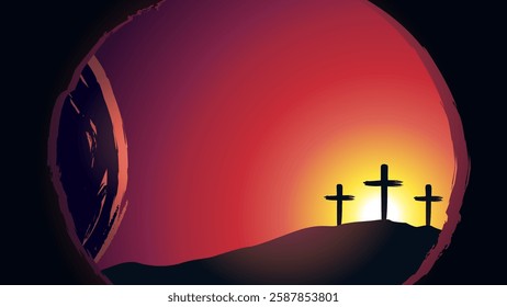 Morning tomb and Calvary with background of three crosses on Easter. Web banner for Easter Sunday service with Golgotha and open cave. Vector illustration