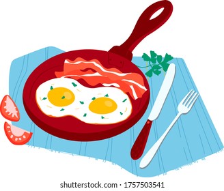 Morning traditional breakfast foodstuff, meal tomato, herb and griddle eggs bacon concept food isolated on white, cartoon vector illustration. Homemade fast food, classic european luncheon.