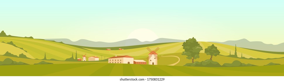 Morning in Tuscany flat color vector illustration. Italian village at dawn 2D cartoon landscape with windmills and buildings. Vast agricultural fields in rural area. Colorful countryside at sunrise