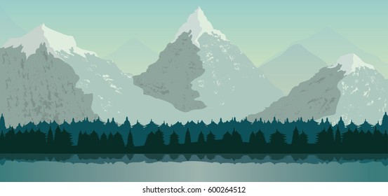 Morning valley, forest, lake and snow peaks mountains at the background
vector mature landscape illustration 