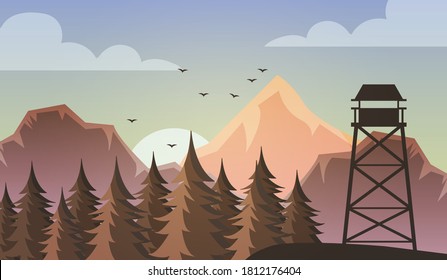 Morning view of the autumn forest landscape. Sunrise and view of the forest rescuer's observation tower.