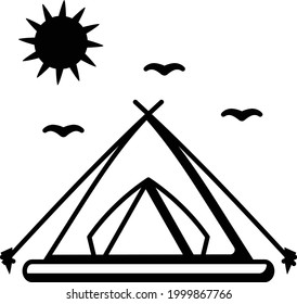 Morning View of campsite Vector Icon Design, Summer Spring activities Symbol, Hot Weather Doodle art Hand Drawn Sign, Warmest Season ElementStock illustration, Beautiful Camp with Sun and Bird Concept