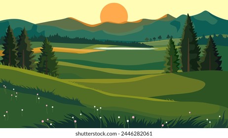 Morning view landscape. sky during sunrise, mountain valley backdrop vector. travel, spring