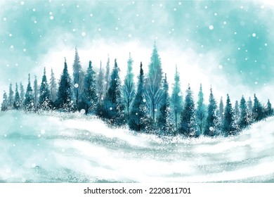 Morning view of mountain forest landscape christmas tree new year card background