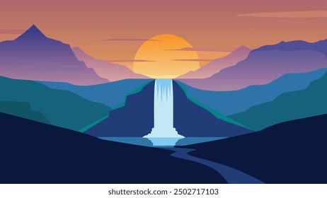 Morning view of Seljalandfoss Waterfall on Seljalandsa river in summer. Colorful sunrise in Iceland, Europe flat vector illustration