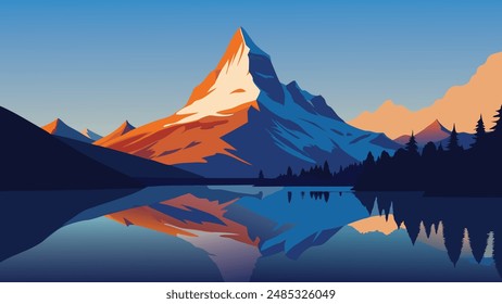 Morning view of Stellisee lake with MatterhornCervino peak on background. Unbelievable autumn scene of Swiss Alps, Zermatt location, Switzerland, Europe flat vector illustration.