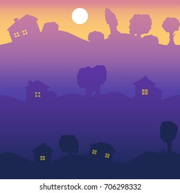 Morning village seamless landscape background. Nature wallpaper
