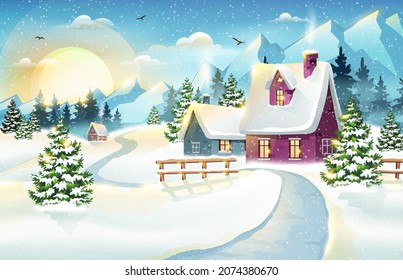 Morning village winter landscape with snow covered houses and mountains. Christmas holidays vector illustration