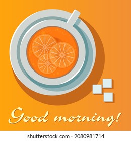Morning vitamin drink. Cup with orange slices. Orange background