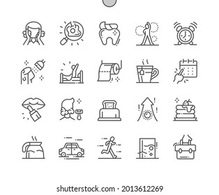 Morning. Wake up and breakfast. Morning running. Bedroom, environment, home, day, lifestyle. Pixel Perfect Vector Thin Line Icons. Simple Minimal Pictogram