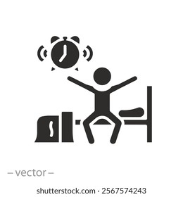 morning wake up concept, man woke up icon, person sitting on the bed, ringing alarm clock, flat symbol on white background - vector illustration