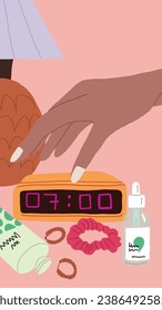 Morning wake up illustration. Woman hand turning off the alarm clock standing on bedside table with fashion accessories