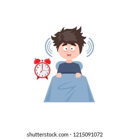 Morning wake up, cartoon funny boy with clock, vector flat illustration isolated on white background