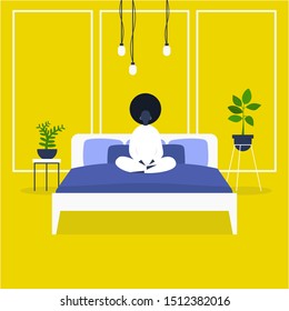 Morning. Wake up. Young black female character sitting in bed. Bedroom front view. Early bird. Flat editable vector illustration, clip art. Millennial lifestyle.