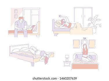 Morning waking up or awaking bedroom girls and guy in pajamas on bed vector bedding pillows and blanket women and man after night sleep daily routine, sleepwear relax furniture isolated characters