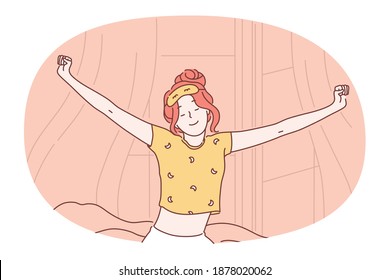 Concepto de despertar por la mañana. Joven caricaturista alegre y sonriente sentada con los brazos extendidos sobre la cama y tratando de despertarse después del sueño de los perros por la noche. Ilustración del sueño saludable y del estilo de vida 