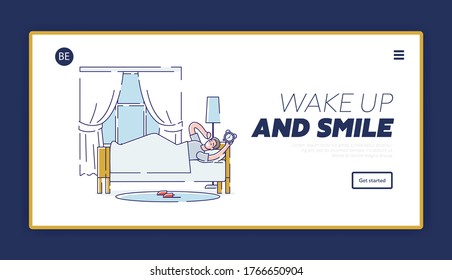 Morning waking up landing page with sleepy man in bed turning out alarm clock. Good day beginning concept. Cartoon male bedroom. Linear vector illustration