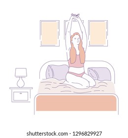 Morning waking up woman in underwear stretching up on bed vector bedroom blanket and pillows pictures on wall lamp on bedside table furniture energy and awakeness girl exercising female character.