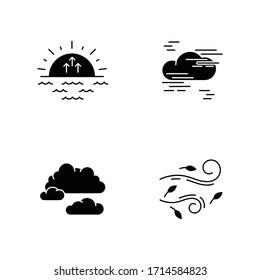 Morning weather black glyph icons set on white space. Meteorological forecast, environment condition report silhouette symbols. Sunrise, fog, cloudy sky and strong wind. Vector isolated illustration