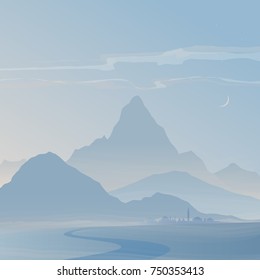 Morning winter landscape with Mountain Peaks. Vector illustration of mountain ridges. Smoky Mountains. Road to the mountains. The town at the foot of the mountain.Gentle blue winter colors