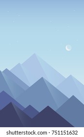 Morning winter landscape with Mountain Peaks. Vector illustration of mountain ridges. Road to the mountains. Gentle blue winter colors. Phone wallpapers with mountains. The highest mountain with moon.