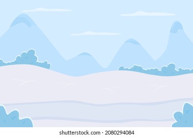 Morning in winter mountains flat color vector illustration. Scenic frozen land during daytime. Snow on wintry hills. Panoramic 2D cartoon landscape with ridges and peaks on background