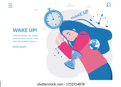Morning, woman character, alarm clock. routine theme. Vector illustration for web banner, infographics, mobile. Morning wake up alarm and happy,   new day. 