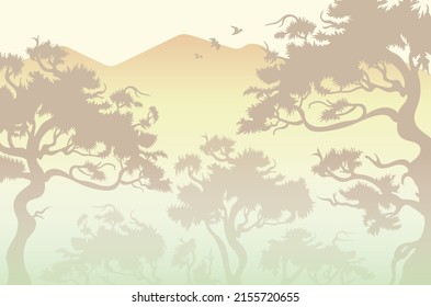 Morning wood panorama, pine trees and mountains silhouettes. Vector forest hiking background. Landscape in pastel colors trees in the fog. Forest in the fog against the backdrop of mountains
