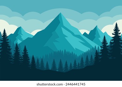 Morning wood panorama, pine trees and mountains silhouettes. Winter mountain landscape with trees and snow-covered peaks.