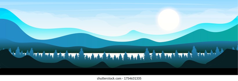 Morning in woodland flat color vector illustration. Coniferous forest, lake and mountains skyline. Wild nature. Fir trees and hills 2D cartoon landscape with sun and sky on background