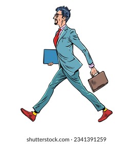 Morning work routine of an office worker. The businessman goes to work. A man in a suit walks with a briefcase and documents. Pop Art Retro Vector Illustration Kitsch Vintage 50s 60s Style. On a white