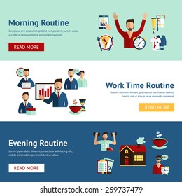 Morning working hours and evening daily routine businessman cartoon character horizontal flat banners abstract isolated vector illustration