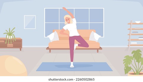 Morning workout flat color vector illustration. Cheerful blond young woman warming up on yoga mat. Fully editable 2D simple cartoon character with cozy living room interior on background