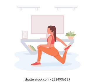 Morning workout to loss weight. Female character doing stretching at home. Warming up muscles, preparation for complex physical exercises. Slow fitness without rushing. Active and healthy sport