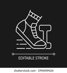 Morning workout white linear icon for dark theme. Running in mornings for exercise. Outdoor sport. Thin line customizable illustration. Isolated vector contour symbol for night mode. Editable stroke