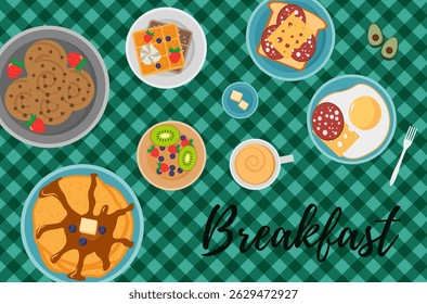 Morning workspace with vintage plate of fresh tasty food on wooden table background watercolor art concept closeup hand painting retro idea for interior design and creative home activity

