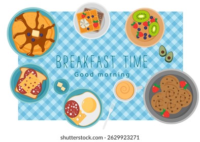 Morning workspace with vintage plate of fresh tasty food on wooden table background watercolor art concept closeup hand painting retro idea for interior design and creative home activity


